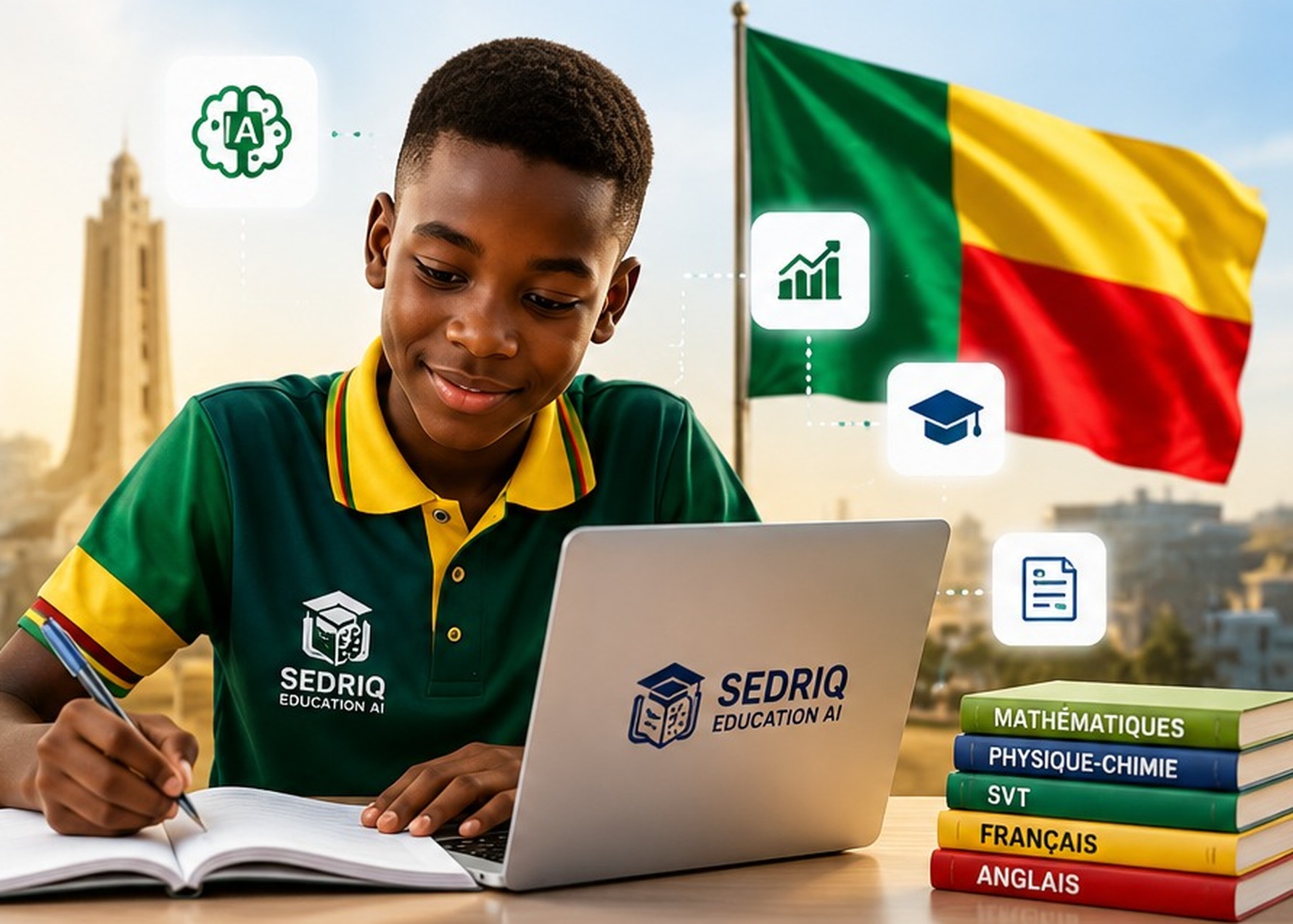 Élève béninois en polo SEDRIQ écrivant avec son stylo devant son ordinateur portable et le drapeau du Bénin